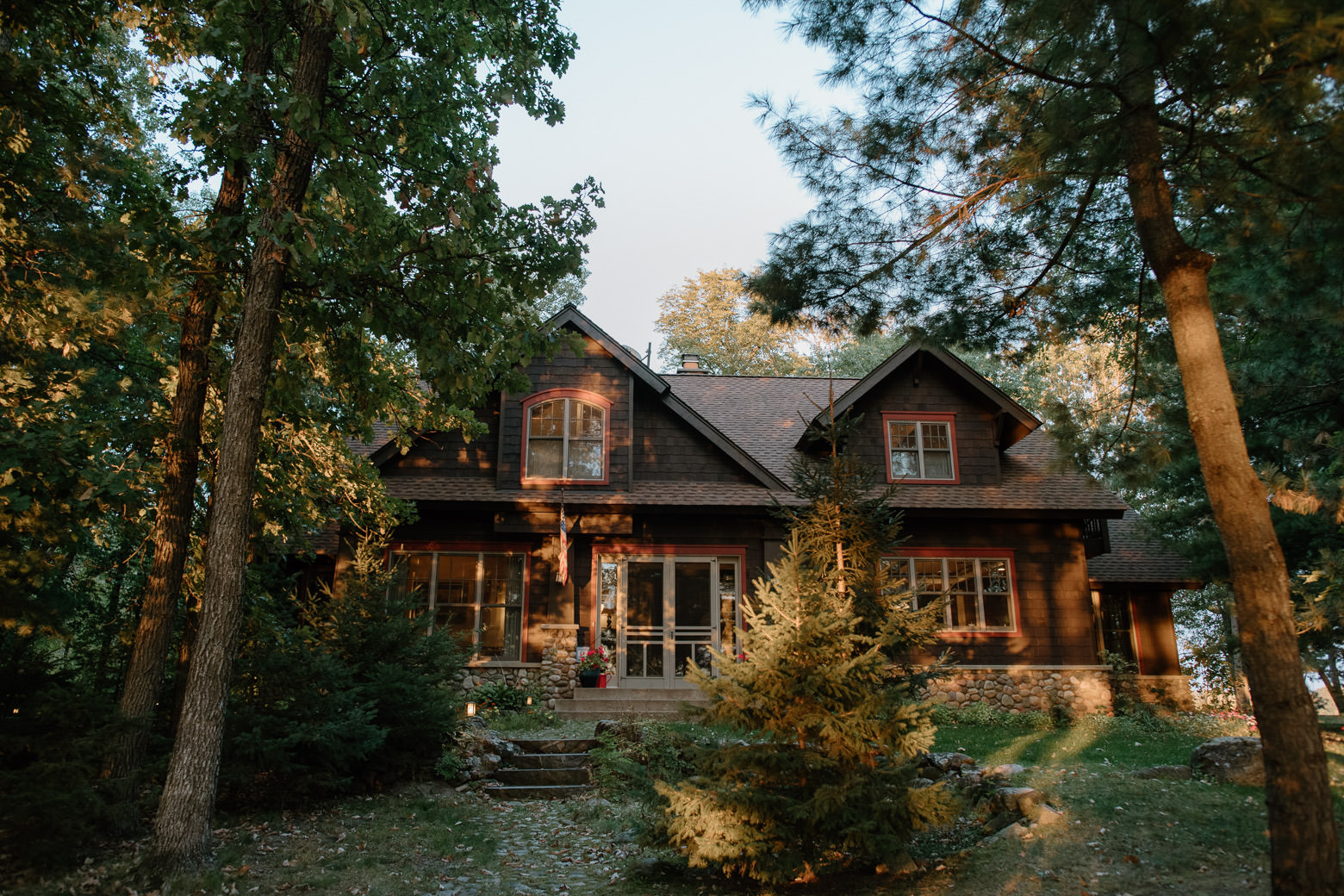 Historic Minnesota lodge at sunset.